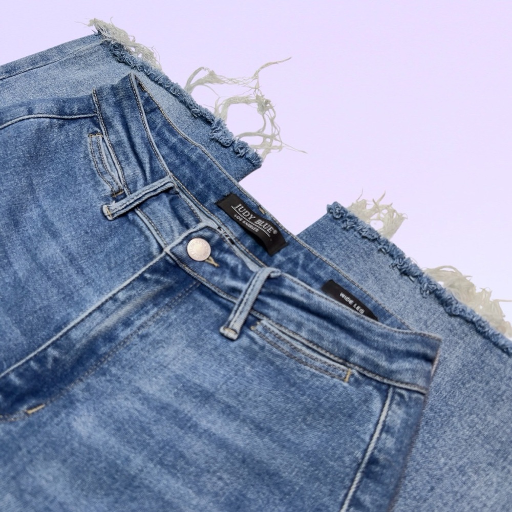 Judy Blue High Waist Raw Hem Trouser Wide Leg Jeans 88685, Size 5